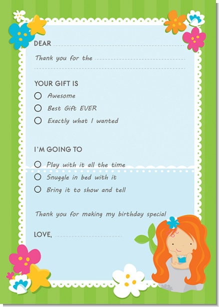 Mermaid Red Hair - Birthday Party Fill In Thank You Cards