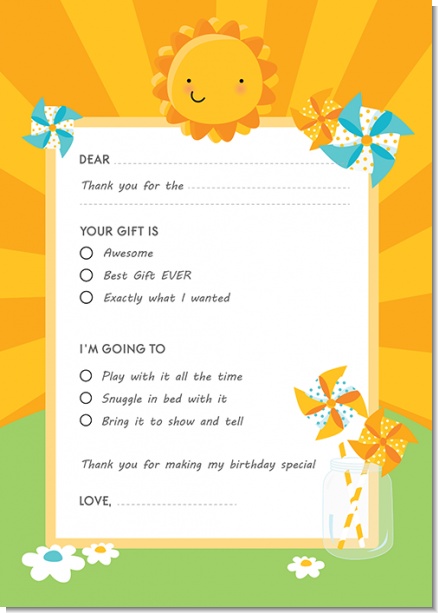 You Are My Sunshine - Birthday Party Fill In Thank You Cards