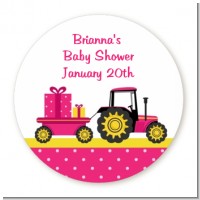 Tractor Truck Pink - Round Personalized Baby Shower Sticker Labels