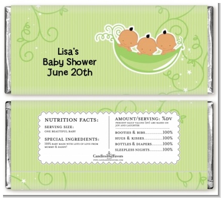 Triplets Three Peas in a Pod Hispanic - Personalized Baby Shower Candy Bar Wrappers