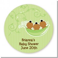 Triplets Three Peas in a Pod African American - Round Personalized Baby Shower Sticker Labels