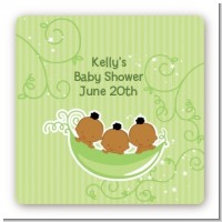 Triplets Three Peas in a Pod African American - Square Personalized Baby Shower Sticker Labels