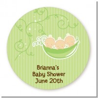 Triplets Three Peas in a Pod Caucasian - Round Personalized Baby Shower Sticker Labels