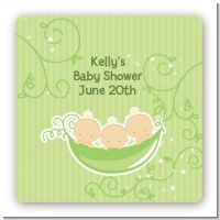 Triplets Three Peas in a Pod Caucasian - Square Personalized Baby Shower Sticker Labels