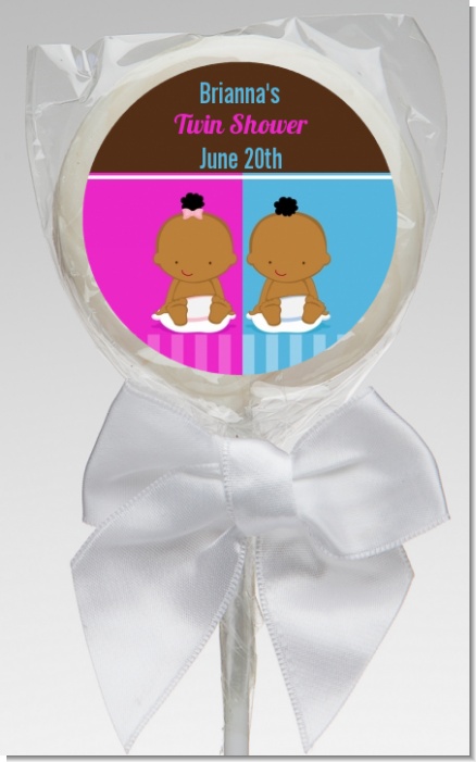 Twin Babies 1 Boy and 1 Girl African American - Personalized Baby Shower Lollipop Favors