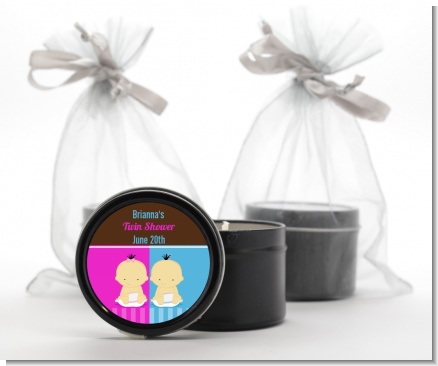Twin Babies 1 Boy and 1 Girl Asian - Baby Shower Black Candle Tin Favors