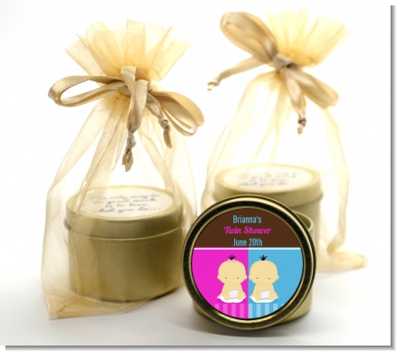 Twin Babies 1 Boy and 1 Girl Asian - Baby Shower Gold Tin Candle Favors