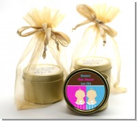Twin Babies 1 Boy and 1 Girl Caucasian - Baby Shower Gold Tin Candle Favors