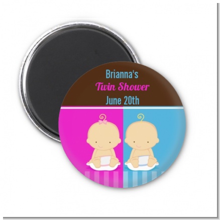 Twin Babies 1 Boy and 1 Girl Caucasian - Personalized Baby Shower Magnet Favors