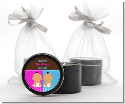 Twin Babies 1 Boy and 1 Girl Hispanic - Baby Shower Black Candle Tin Favors