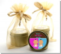 Twin Babies 1 Boy and 1 Girl Hispanic - Baby Shower Gold Tin Candle Favors