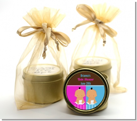 Twin Babies 1 Boy and 1 Girl Hispanic - Baby Shower Gold Tin Candle Favors