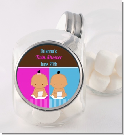 Twin Babies 1 Boy and 1 Girl Hispanic - Personalized Baby Shower Candy Jar