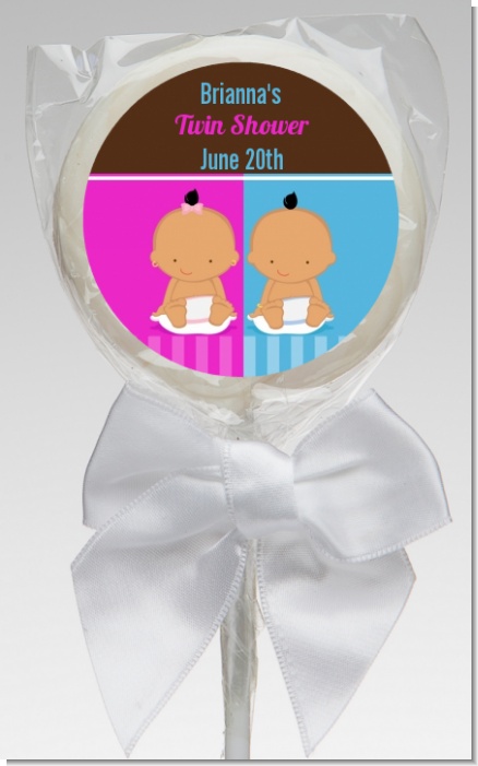 Twin Babies 1 Boy and 1 Girl Hispanic - Personalized Baby Shower Lollipop Favors