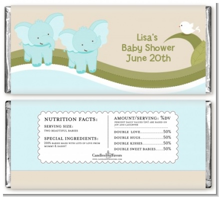 Twin Elephant Boys - Personalized Baby Shower Candy Bar Wrappers
