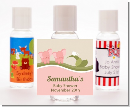 Twin Elephant Girls - Personalized Baby Shower Hand Sanitizers Favors