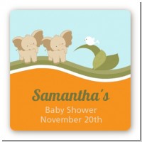 Twin Elephants - Square Personalized Baby Shower Sticker Labels