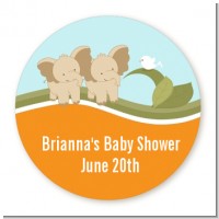 Twin Elephants - Round Personalized Baby Shower Sticker Labels