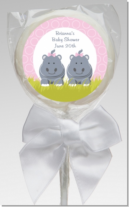 Twin Hippo Girls - Personalized Baby Shower Lollipop Favors