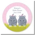 Twin Hippo Girls - Round Personalized Baby Shower Sticker Labels thumbnail