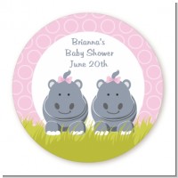 Twin Hippo Girls - Round Personalized Baby Shower Sticker Labels