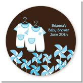 Twin Little Boy Outfits - Round Personalized Baby Shower Sticker Labels