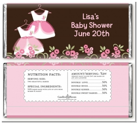 Twin Little Girl Outfits - Personalized Baby Shower Candy Bar Wrappers