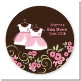 Twin Little Girl Outfits - Round Personalized Baby Shower Sticker Labels