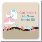 Twin Little Outfits 1 Boy and 1 Girl - Square Personalized Baby Shower Sticker Labels