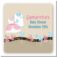 Twin Little Outfits 1 Boy and 1 Girl - Square Personalized Baby Shower Sticker Labels