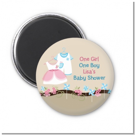 Twin Little Outfits 1 Boy and 1 Girl - Personalized Baby Shower Magnet Favors