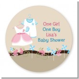 Twin Little Outfits 1 Boy and 1 Girl - Round Personalized Baby Shower Sticker Labels