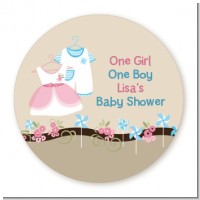 Twin Little Outfits 1 Boy and 1 Girl - Round Personalized Baby Shower Sticker Labels