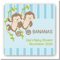 Twin Monkey Boys - Square Personalized Baby Shower Sticker Labels