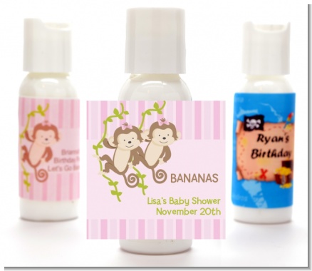 Twin Monkey Girls - Personalized Baby Shower Lotion Favors
