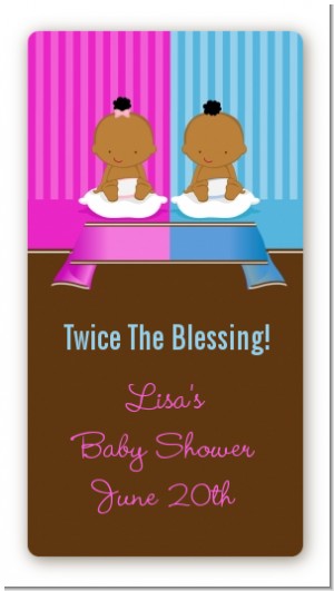 Twin Babies 1 Boy and 1 Girl African American - Custom Rectangle Baby Shower Sticker/Labels