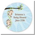 Twin Monkey Boys - Round Personalized Baby Shower Sticker Labels thumbnail