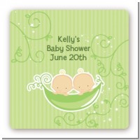 Twins Two Peas in a Pod Caucasian - Square Personalized Baby Shower Sticker Labels