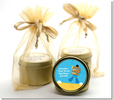 Under the Sea African American Baby Boy Snorkeling - Baby Shower Gold Tin Candle Favors