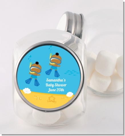 Under the Sea African American Baby Boy Twins Snorkeling - Personalized Baby Shower Candy Jar
