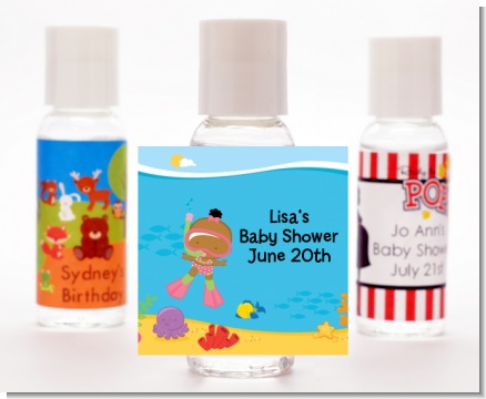 Under the Sea African American Baby Girl Snorkeling - Personalized Baby Shower Hand Sanitizers Favors