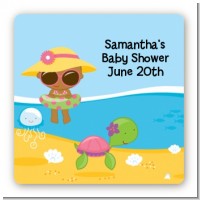 Beach Baby African American Girl - Square Personalized Baby Shower Sticker Labels