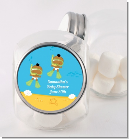 Under the Sea African American Baby Twins Snorkeling - Personalized Baby Shower Candy Jar