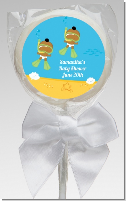Under the Sea African American Baby Twins Snorkeling - Personalized Baby Shower Lollipop Favors