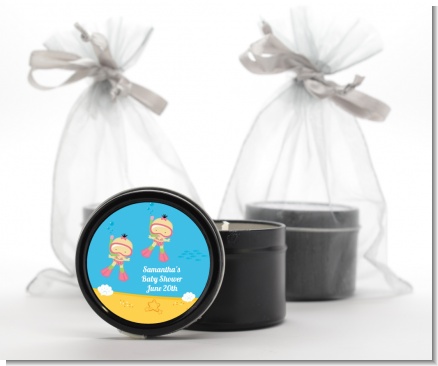 Under the Sea Asian Baby Girl Twins Snorkeling - Baby Shower Black Candle Tin Favors