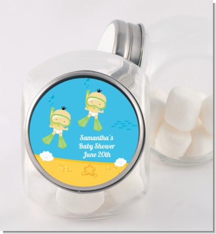 Under the Sea Asian Baby Twins Snorkeling - Personalized Baby Shower Candy Jar