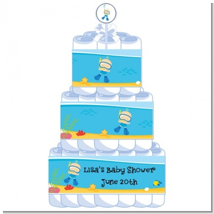 Under the Sea Baby Boy Snorkeling - Personalized Baby Shower Diaper Cake 3 Tier