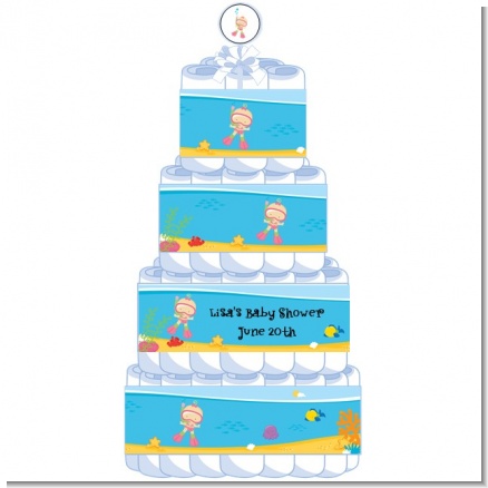 Under the Sea Baby Girl Snorkeling - Personalized Baby Shower Diaper Cake 4 Tier