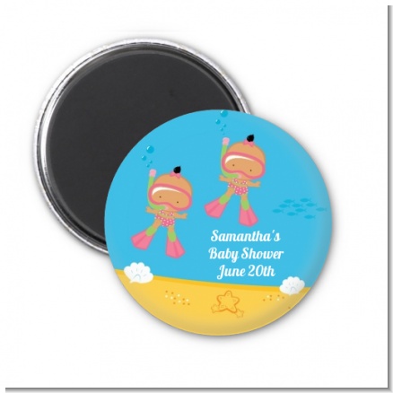 Under the Sea Hispanic Baby Girl Twins Snorkeling - Personalized Baby Shower Magnet Favors