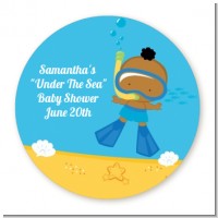 Under the Sea African American Baby Boy Snorkeling - Round Personalized Baby Shower Sticker Labels